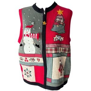 Vintage Victoria Jones Ugly Christmas Sweater Vest Snowman Tree Zip Large